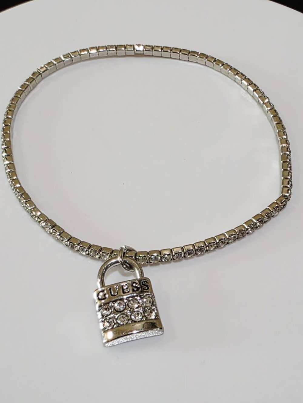Silver GUESS Lock Charm Prong-set White Rhinestone Stretch OSFA Bracelet